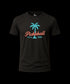 Black t-shirt with pickleball design featuring a palm tree on a white background